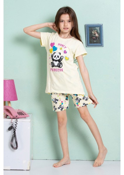 Elmkp Sarı Panda Desen Kız Çocuk Şortlu Pijama Takımı 3-10 Yaş 4204