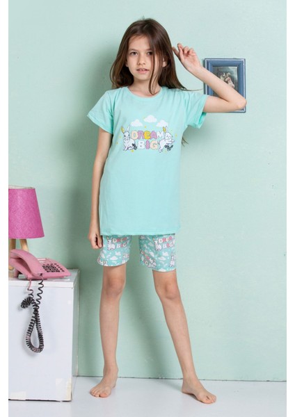 Elmkp Su Yeşili Tavşan Desen Kız Çocuk Şortlu Pijama Takımı 3-10 Yaş 4203