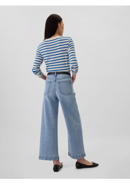 Kadın Mavi High Rise Wide-Leg Crop Jean Pantolon indirimleri