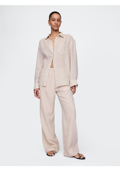 Kadın Bej Keten Karışımlı Easy Wide Leg Pantolon