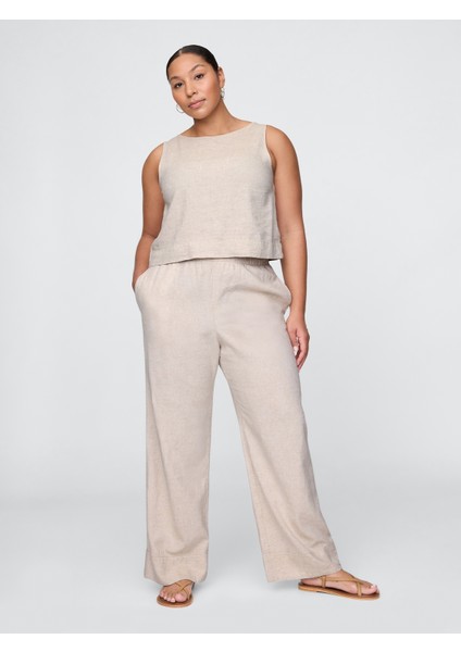 Kadın Bej Keten Karışımlı Easy Wide Leg Pantolon indirimleri
