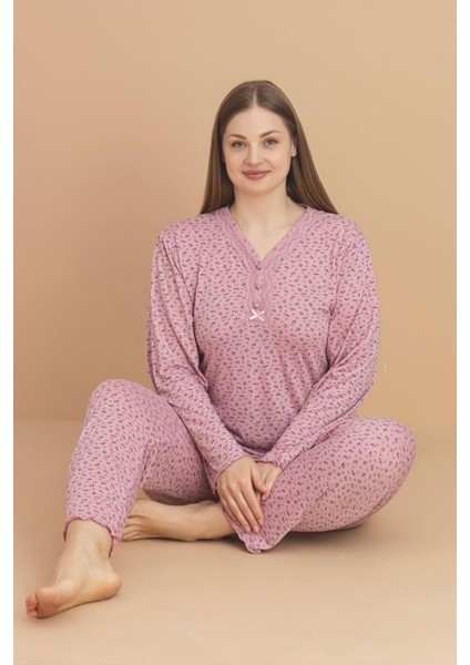 Kadın Büyük Beden Dantel Yaka Bambu Uzun Kol Ince Pijama Takımı 5920- 1 Adet