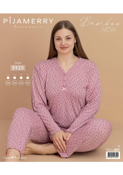 Kadın Büyük Beden Dantel Yaka Bambu Uzun Kol Ince Pijama Takımı 5920- 1 Adet