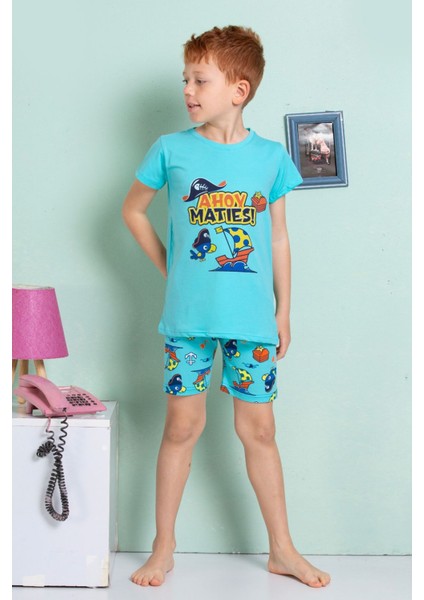 Elmkp Turkuaz Papağan Desen Erkek Çocuk Şortlu Pijama Takımı 3-10 Yaş 3201