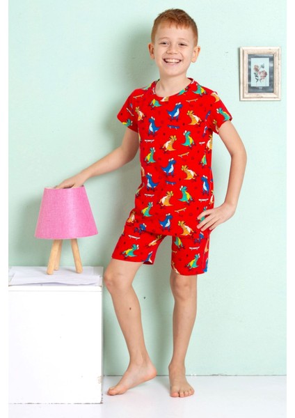 Elmkp Kırmızı Dinazor Desen Erkek Çocuk Şortlu Pijama Takımı 3-10 Yaş 3203