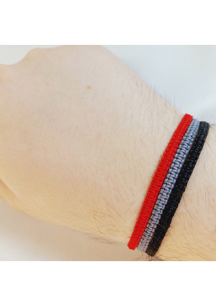 3’lü Ayarlanabilir Makrome Bileklik Seti, El Yapımı Asansörlü Kırmızı Gri Siyah Renk Ip Örgü Bileklik, Hediyelik El Yapımı Örgü Bileklik Seti, Unisex Şık Tasarım Kombin Örgü Bileklik