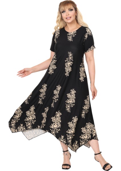 Butik Siyah Pano Desen Asimetrik Kısa Kollu Elbise