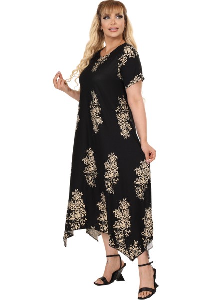 Butik Siyah Pano Desen Asimetrik Kısa Kollu Elbise fiyatları