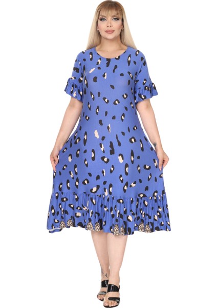 Butik Mavi Eteği Fırfırlı Sulu Leopar Desen Cepli Elbise