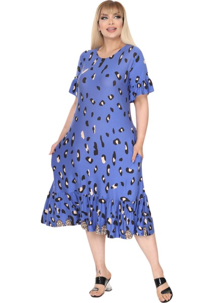 Butik Mavi Eteği Fırfırlı Sulu Leopar Desen Cepli Elbise