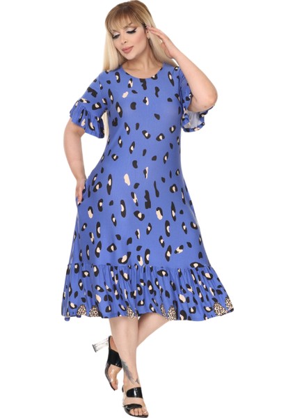 Butik Mavi Eteği Fırfırlı Sulu Leopar Desen Cepli Elbise