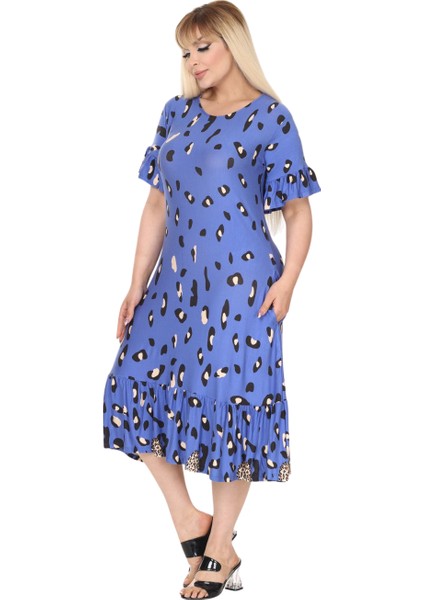 Butik Mavi Eteği Fırfırlı Sulu Leopar Desen Cepli Elbise