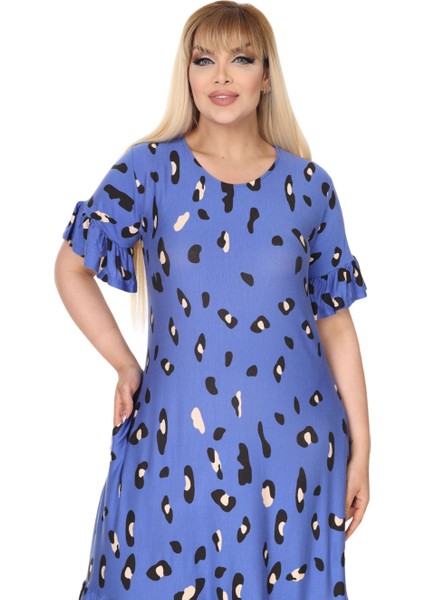 Butik Mavi Eteği Fırfırlı Sulu Leopar Desen Cepli Elbise