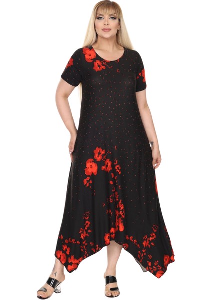 Butik Kırmızı Puanlı Gelincik Desen Asimetrik Kısa Kollu Elbise