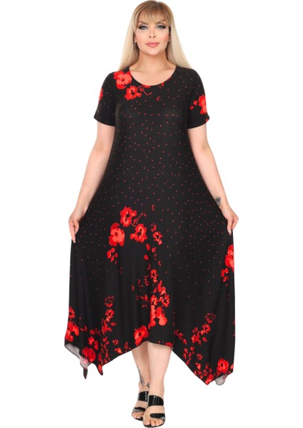 Butik Kırmızı Puanlı Gelincik Desen Asimetrik Kısa Kollu Elbise fiyatları