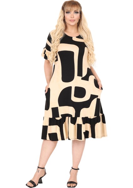Butik Büyük Beden Eteği Fırfırlı Bej Picasso Desen Cepli Elbise modelleri