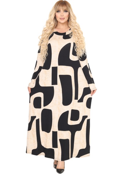 Butik Bej Picasso Desen Uzun Kollu Kadın Tesettür Elbise modelleri