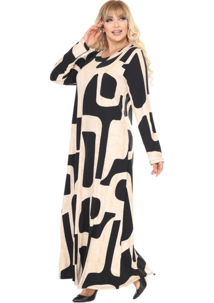 Butik Bej Picasso Desen Uzun Kollu Kadın Tesettür Elbise fırsatları