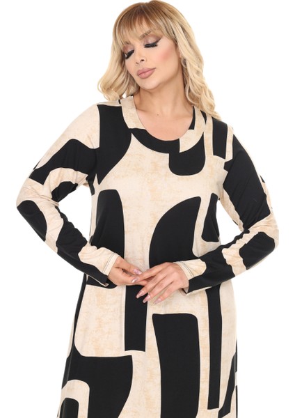 Butik Bej Picasso Desen Uzun Kollu Kadın Tesettür Elbise indirimleri