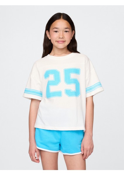 Kız Çocuk Beyaz Varsity Jersey T-Shirt