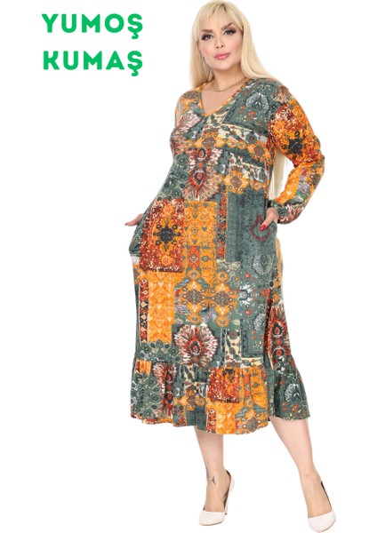 Butik Kışlık Robalı Yumoş Uzun Kollu Sarı Etnik Desen Elbise