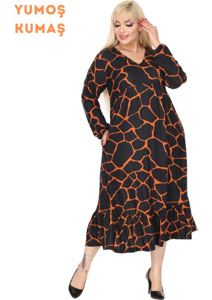 Butik Kışlık Robalı Yumoş Uzun Kollu Siyah Taş Desenli Elbise