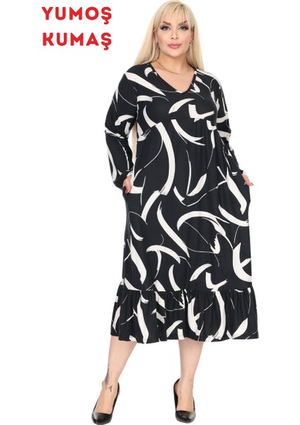 Butik Kışlık Robalı Yumoş Uzun Kollu Siyah Beyaz Tüy Desenli Elbise