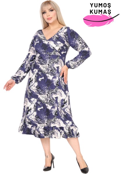 Butik Yumoş Kumaş Kruvaze Yaka Mavi Batik Desen Eteği Fırfırlı Midi Elbise