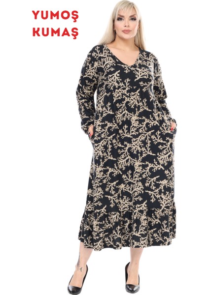 Butik Kışlık Robalı Yumoş Uzun Kollu Vizon Mercan Desenli Elbise