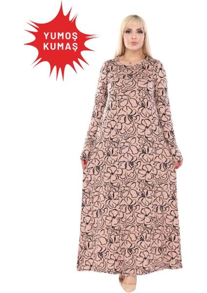 Butik Yumoş Kumaş Somon Çiçek Desen Uzun Kollu Kadın Tesettür Elbise