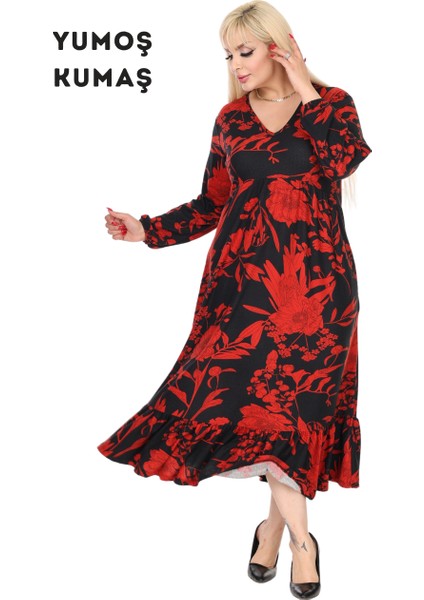 Butik Kışlık Robalı Yumoş Uzun Kollu Kırmızı Yaprak Desenli Cepli Elbise