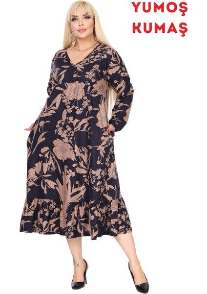 Butik Kışlık Robalı Yumoş Uzun Kollu Lacivert Yaprak Desenli Cepli Elbise