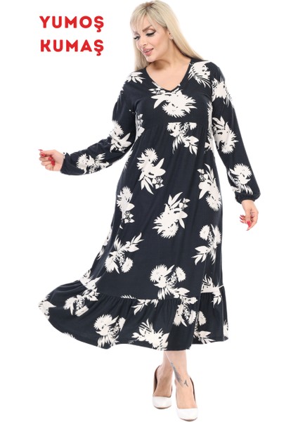 Butik Kışlık Robalı Yumoş Uzun Kollu Siyah Beyaz Yaprak Desenli Elbise