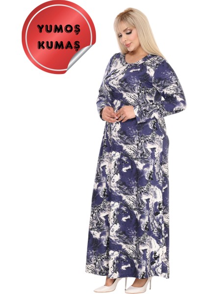Butik Yumoş Kumaş Mavi Batik Desen Uzun Kollu Kadın Tesettür Elbise