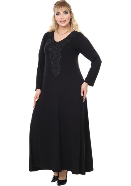 Butik Siyah Uzun Kollu Güpür Yaka Uzun Elbise fiyatları