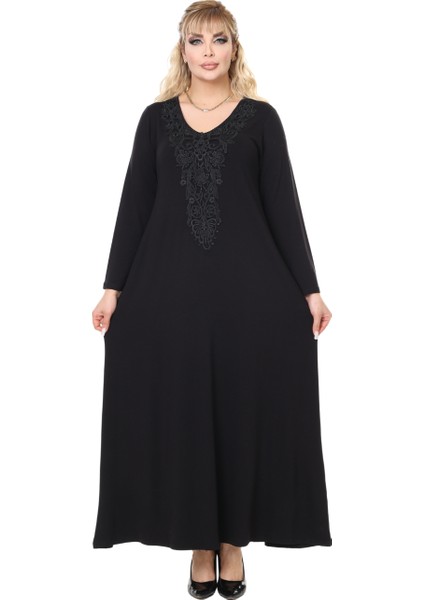 Butik Siyah Uzun Kollu Güpür Yaka Uzun Elbise modelleri