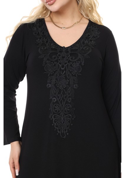 Butik Siyah Uzun Kollu Güpür Yaka Uzun Elbise indirimleri