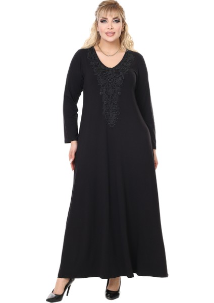 Butik Siyah Uzun Kollu Güpür Yaka Uzun Elbise fırsatları
