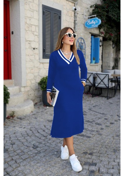 Kadın Uzun Kollu V Yakalı Yandan Yırtmaçlı Iki Iplik Midi Elbise indirimleri