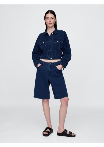 Kadın Lacivert 11" Mid Rise Fransız Havlu Kumaş Denim Şort