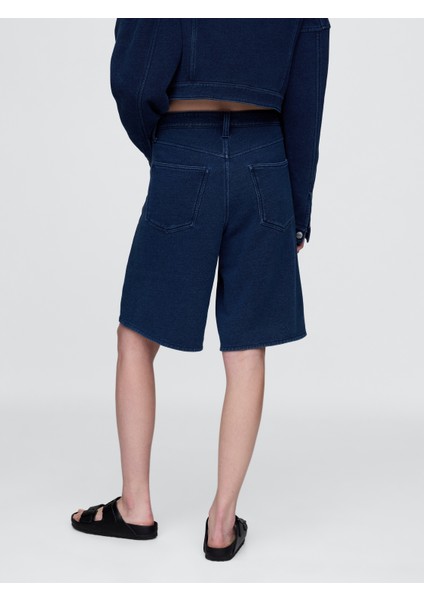 Kadın Lacivert 11" Mid Rise Fransız Havlu Kumaş Denim Şort modelleri