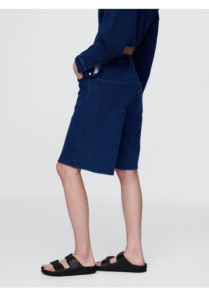 Kadın Lacivert 11" Mid Rise Fransız Havlu Kumaş Denim Şort fırsatları