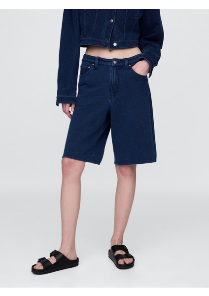 Kadın Lacivert 11" Mid Rise Fransız Havlu Kumaş Denim Şort indirimleri