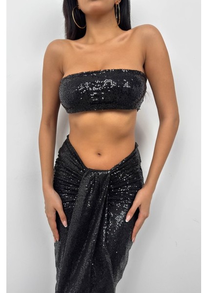 Payetli Straplez Crop Etek Takım