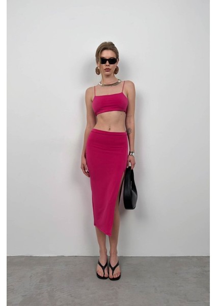 Askılı Crop Yırtmaçlı Etek Takım