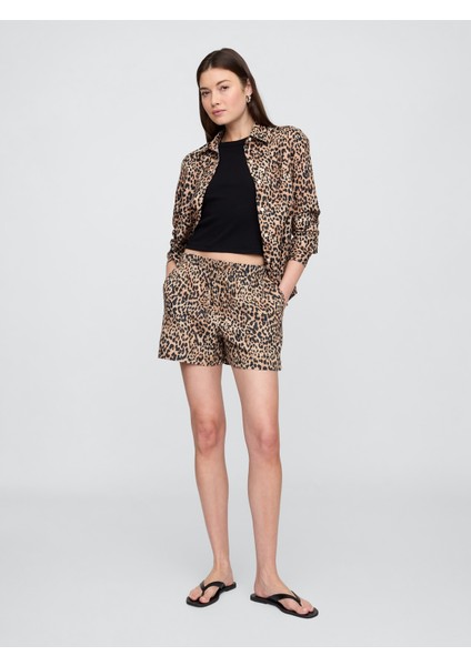 Kadın Kahverengi Bağcıklı Keten Karışımlı Şort