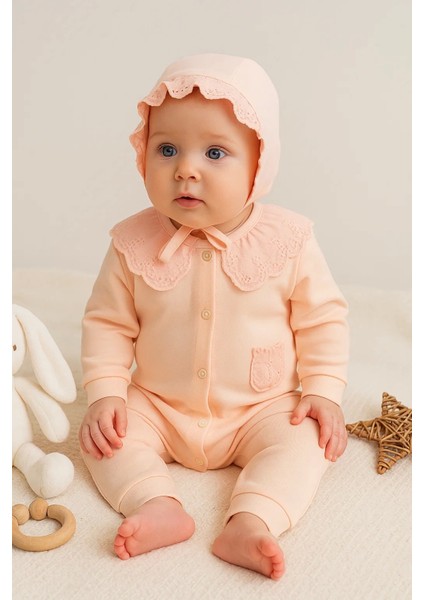 Dantel Yaka Fisto Detaylı Kız Bebek Tulum %100 Pamuk