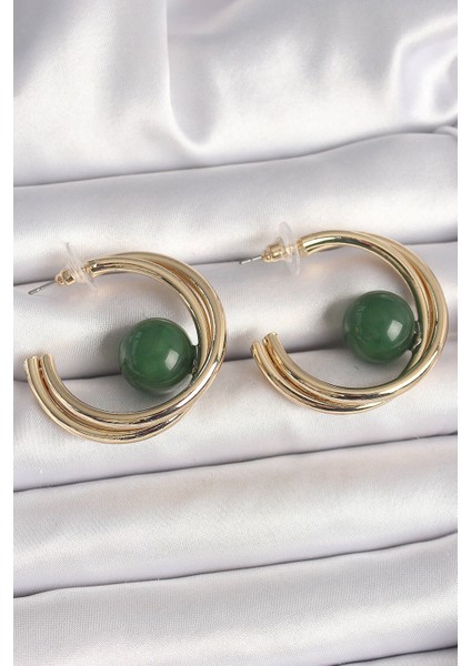 Pirinç Gold Renk Halka Model Yeşil Boncuk Detay Kadın Küpe