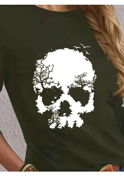 Kadın Uzun Kollu Bisiklet Yaka Kurukafa Desenli Viskon Bluz indirimleri