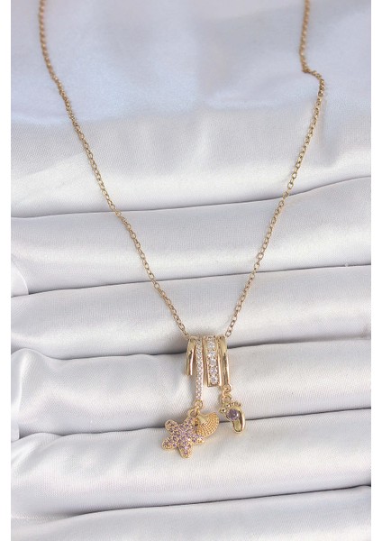 316L Çelik Gold Renk Sallantı Zirkon Taşlı Mor Taşlı Ayıcık Figür Charm Kadın Kolye fiyatları
